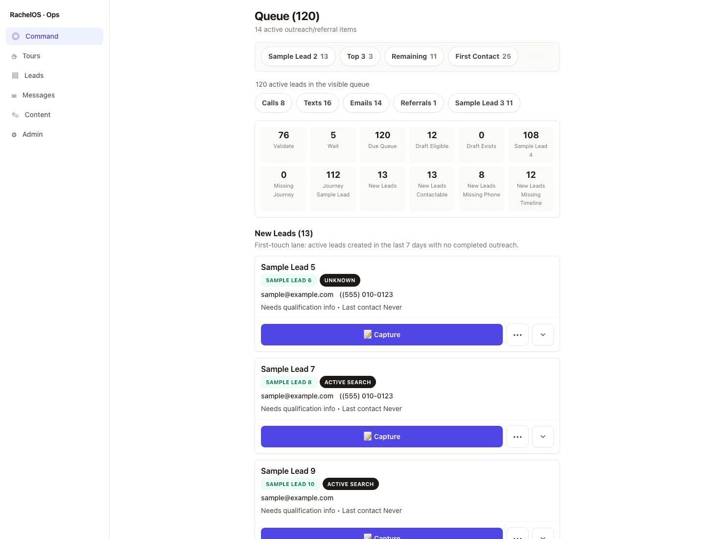 RachelOS queue showing ranked leads, action counts, and queue sections.