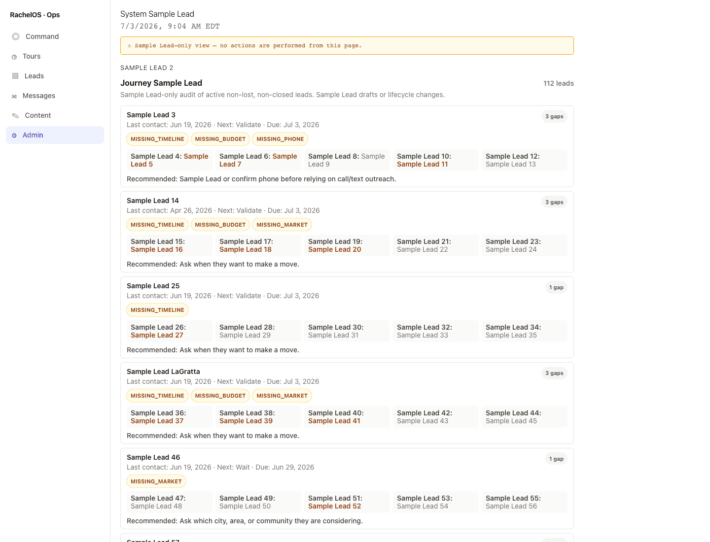 RachelOS system health view showing operational checks and execution status.